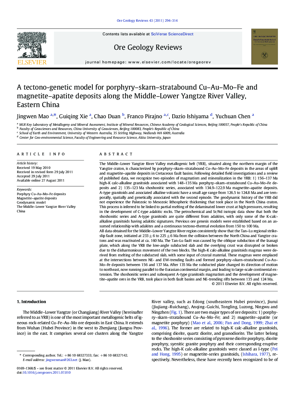 A tectono-genetic model for porphyry–skarn–stratabound Cu–Au–Mo–Fe and magnetite–apatite deposits along the Middle–Lower Yangtze River Valley, Eastern China