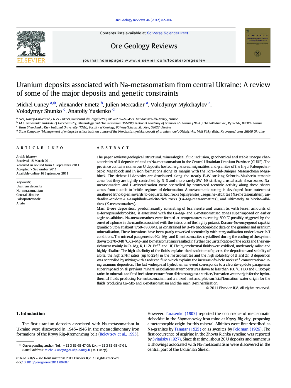 Uranium deposits associated with Na-metasomatism from central Ukraine: A review of some of the major deposits and genetic constraints