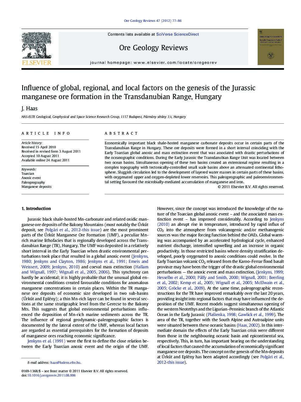 Influence of global, regional, and local factors on the genesis of the Jurassic manganese ore formation in the Transdanubian Range, Hungary