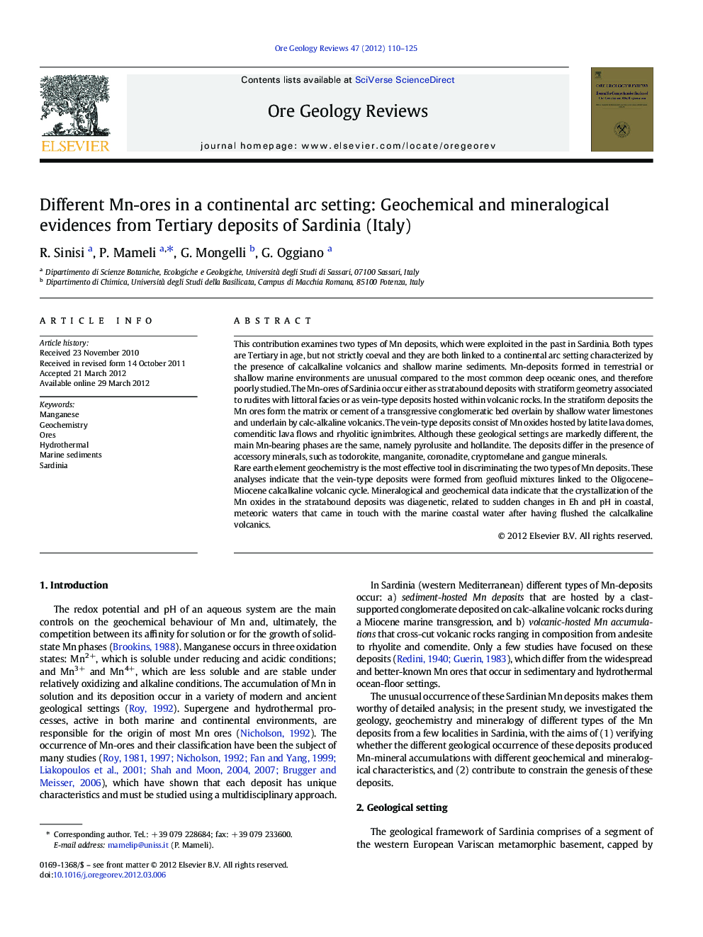 Different Mn-ores in a continental arc setting: Geochemical and mineralogical evidences from Tertiary deposits of Sardinia (Italy)