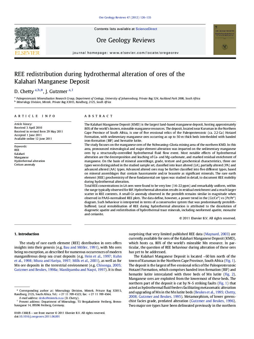 REE redistribution during hydrothermal alteration of ores of the Kalahari Manganese Deposit