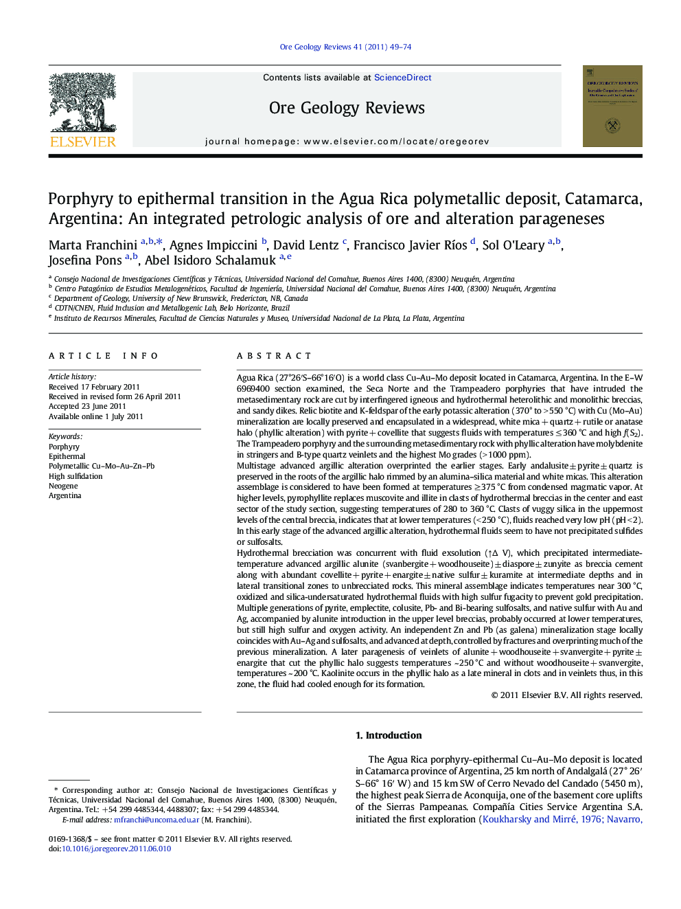 Porphyry to epithermal transition in the Agua Rica polymetallic deposit, Catamarca, Argentina: An integrated petrologic analysis of ore and alteration parageneses
