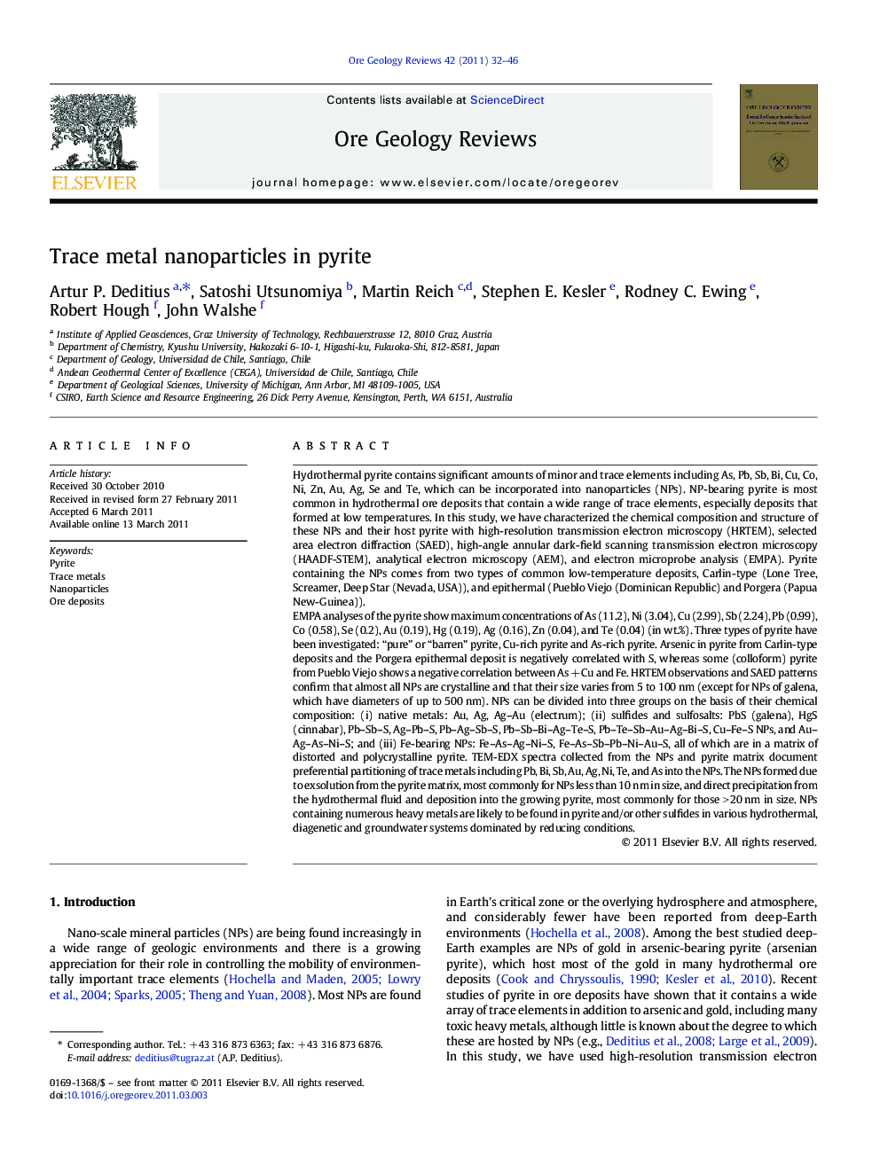 Trace metal nanoparticles in pyrite