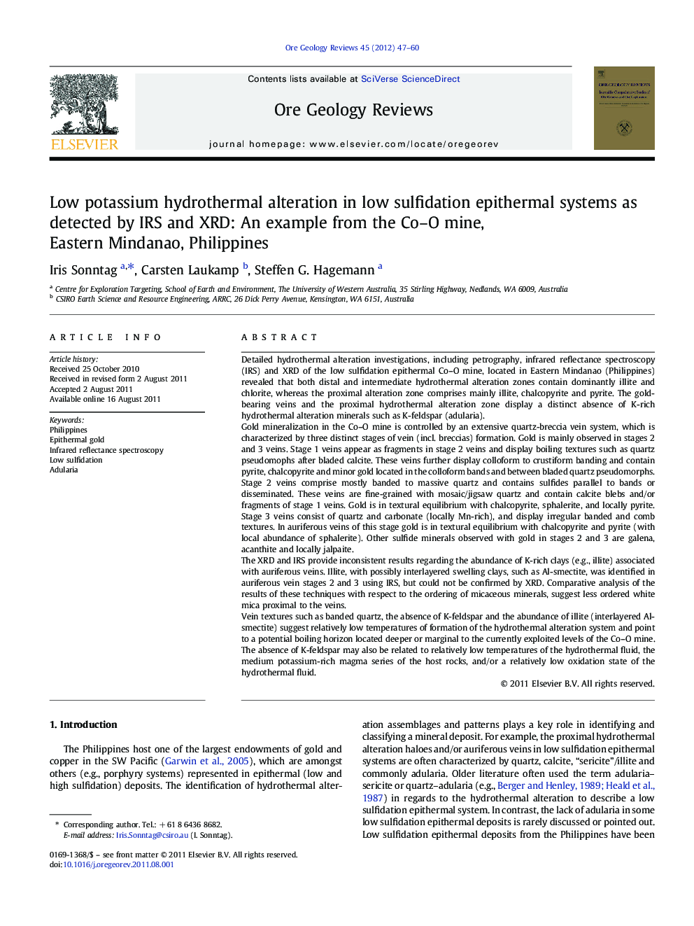 Low potassium hydrothermal alteration in low sulfidation epithermal systems as detected by IRS and XRD: An example from the Co–O mine, Eastern Mindanao, Philippines