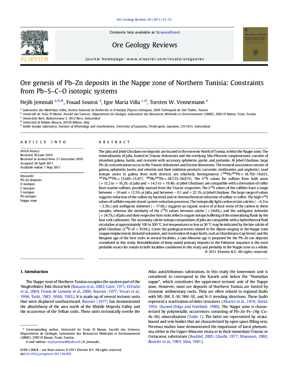 Ore genesis of Pb–Zn deposits in the Nappe zone of Northern Tunisia: Constraints from Pb–S–C–O isotopic systems