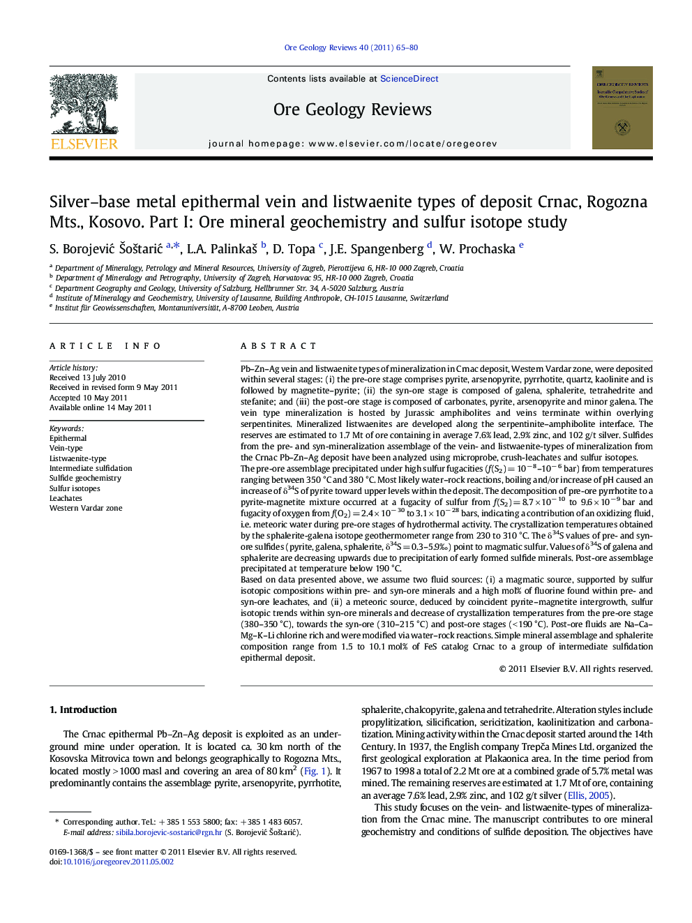 Silver–base metal epithermal vein and listwaenite types of deposit Crnac, Rogozna Mts., Kosovo. Part I: Ore mineral geochemistry and sulfur isotope study