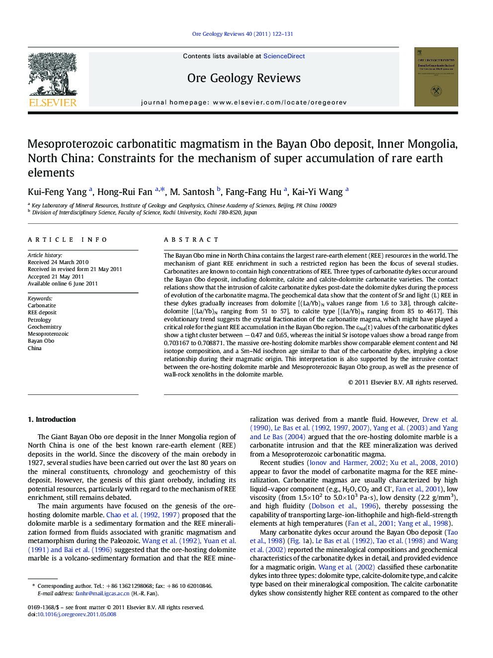 Mesoproterozoic carbonatitic magmatism in the Bayan Obo deposit, Inner Mongolia, North China: Constraints for the mechanism of super accumulation of rare earth elements