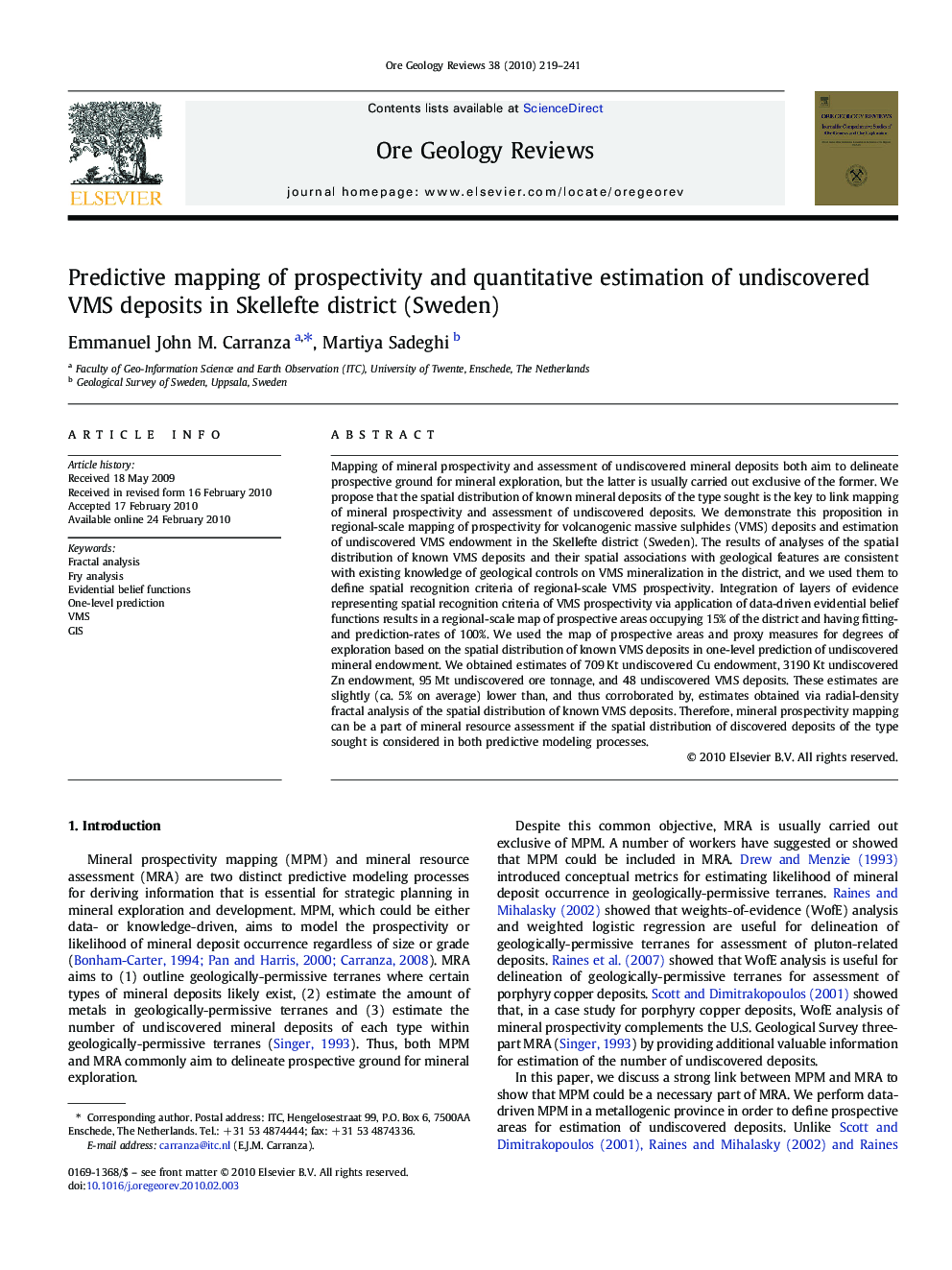 Predictive mapping of prospectivity and quantitative estimation of undiscovered VMS deposits in Skellefte district (Sweden)