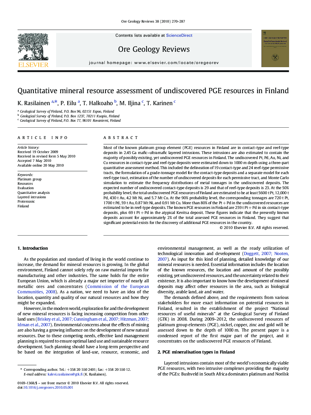 Quantitative mineral resource assessment of undiscovered PGE resources in Finland