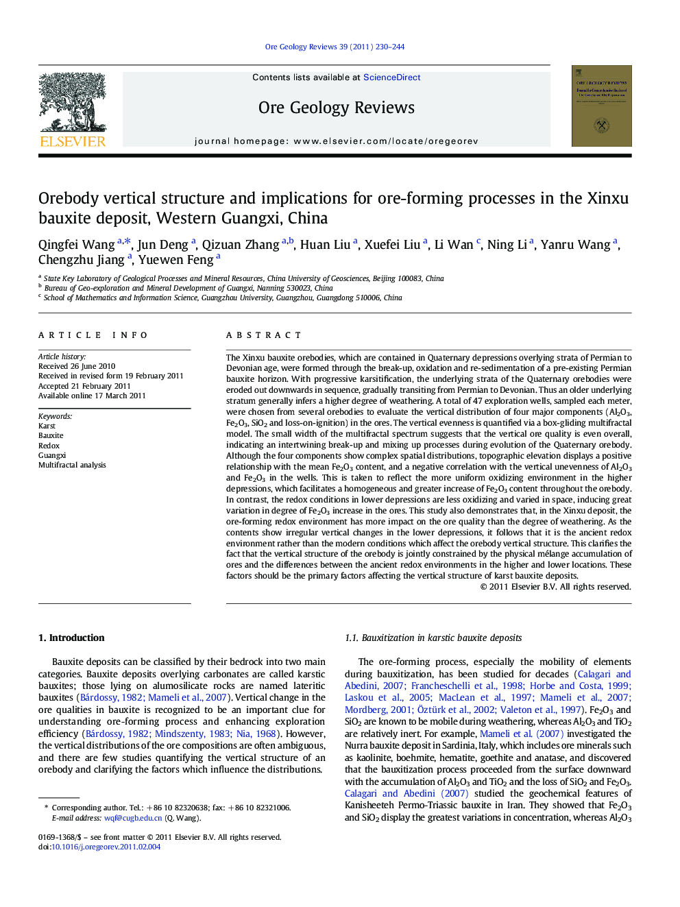 Orebody vertical structure and implications for ore-forming processes in the Xinxu bauxite deposit, Western Guangxi, China