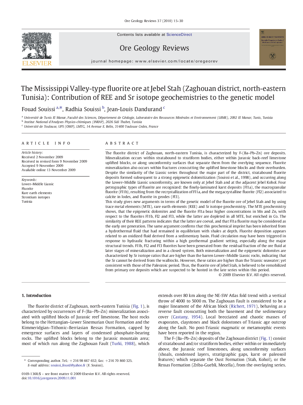 The Mississippi Valley-type fluorite ore at Jebel Stah (Zaghouan district, north-eastern Tunisia): Contribution of REE and Sr isotope geochemistries to the genetic model