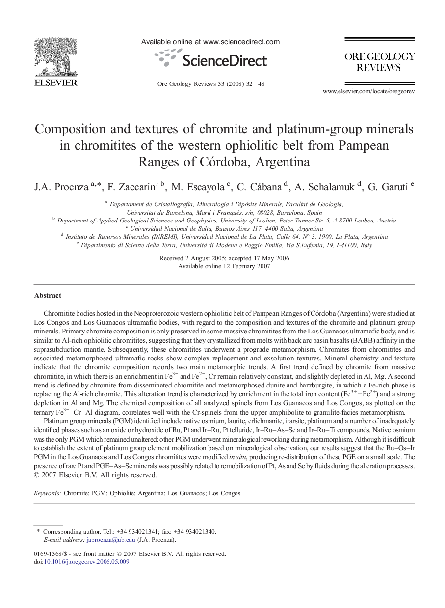 Composition and textures of chromite and platinum-group minerals in chromitites of the western ophiolitic belt from Pampean Ranges of Córdoba, Argentina