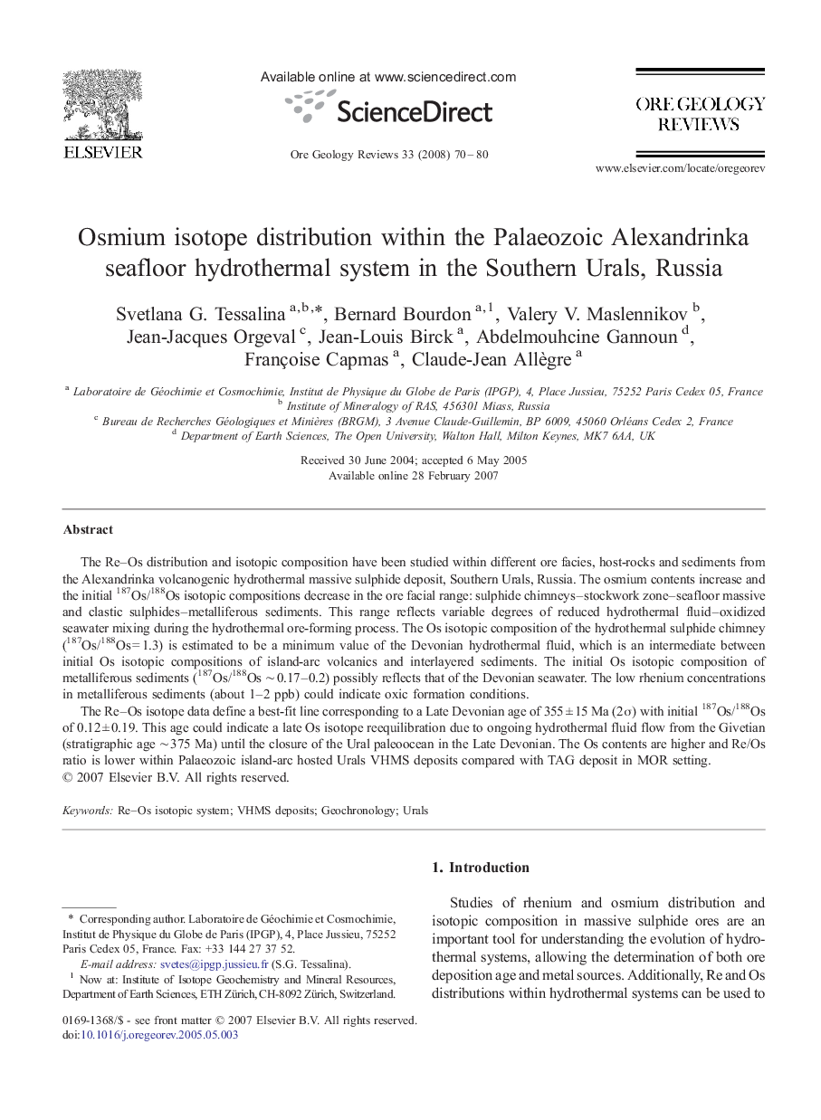 Osmium isotope distribution within the Palaeozoic Alexandrinka seafloor hydrothermal system in the Southern Urals, Russia