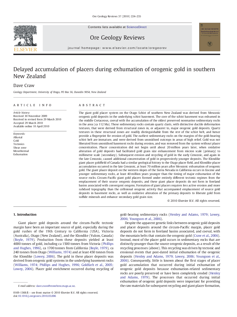 Delayed accumulation of placers during exhumation of orogenic gold in southern New Zealand