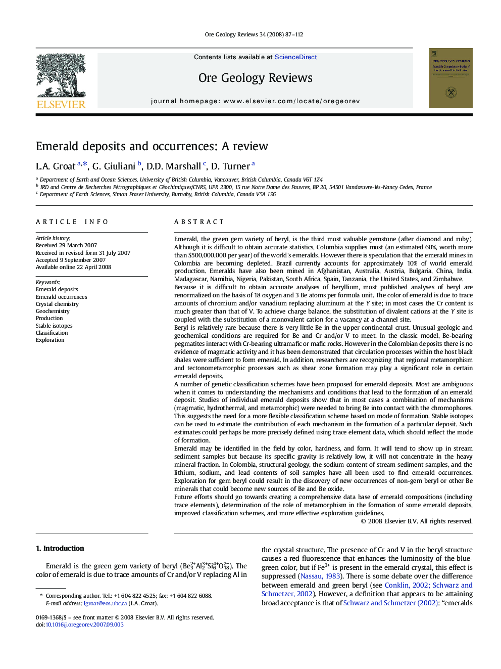 Emerald deposits and occurrences: A review