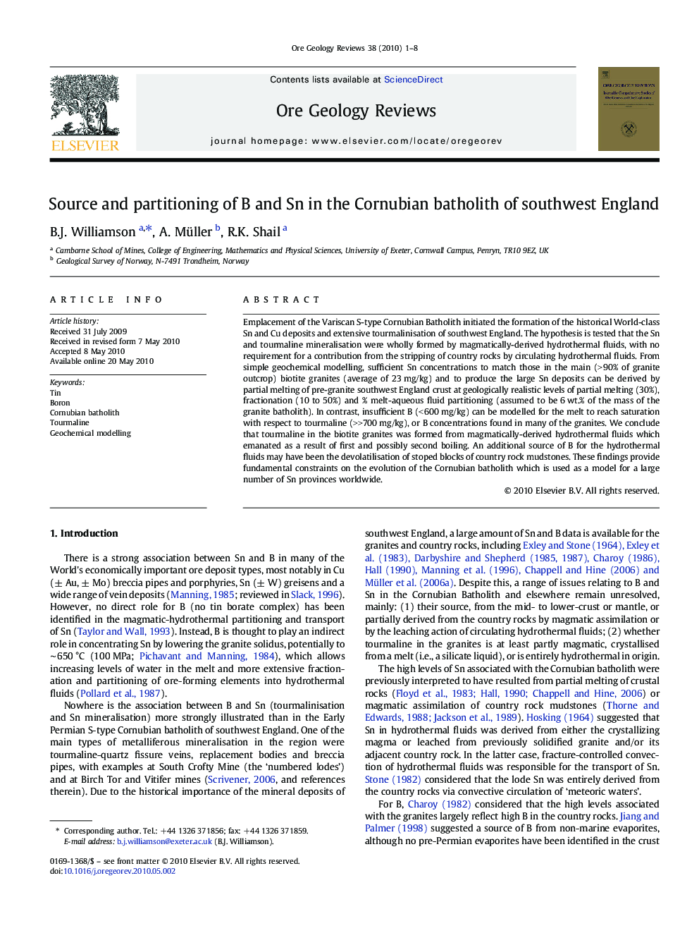 Source and partitioning of B and Sn in the Cornubian batholith of southwest England