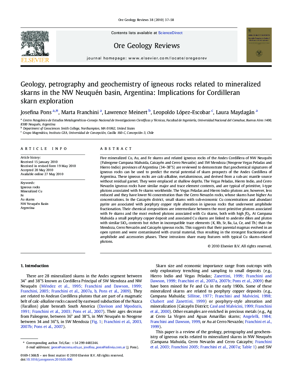 Geology, petrography and geochemistry of igneous rocks related to mineralized skarns in the NW Neuquén basin, Argentina: Implications for Cordilleran skarn exploration