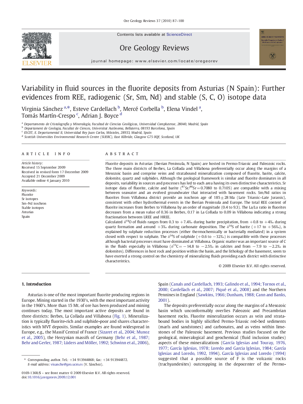 Variability in fluid sources in the fluorite deposits from Asturias (N Spain): Further evidences from REE, radiogenic (Sr, Sm, Nd) and stable (S, C, O) isotope data