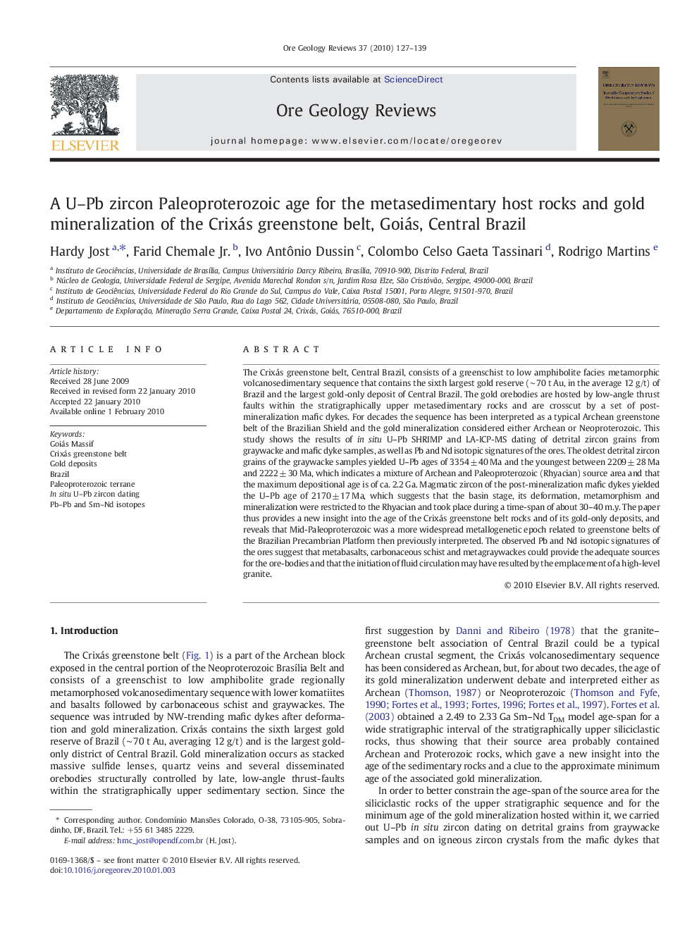 A U–Pb zircon Paleoproterozoic age for the metasedimentary host rocks and gold mineralization of the Crixás greenstone belt, Goiás, Central Brazil