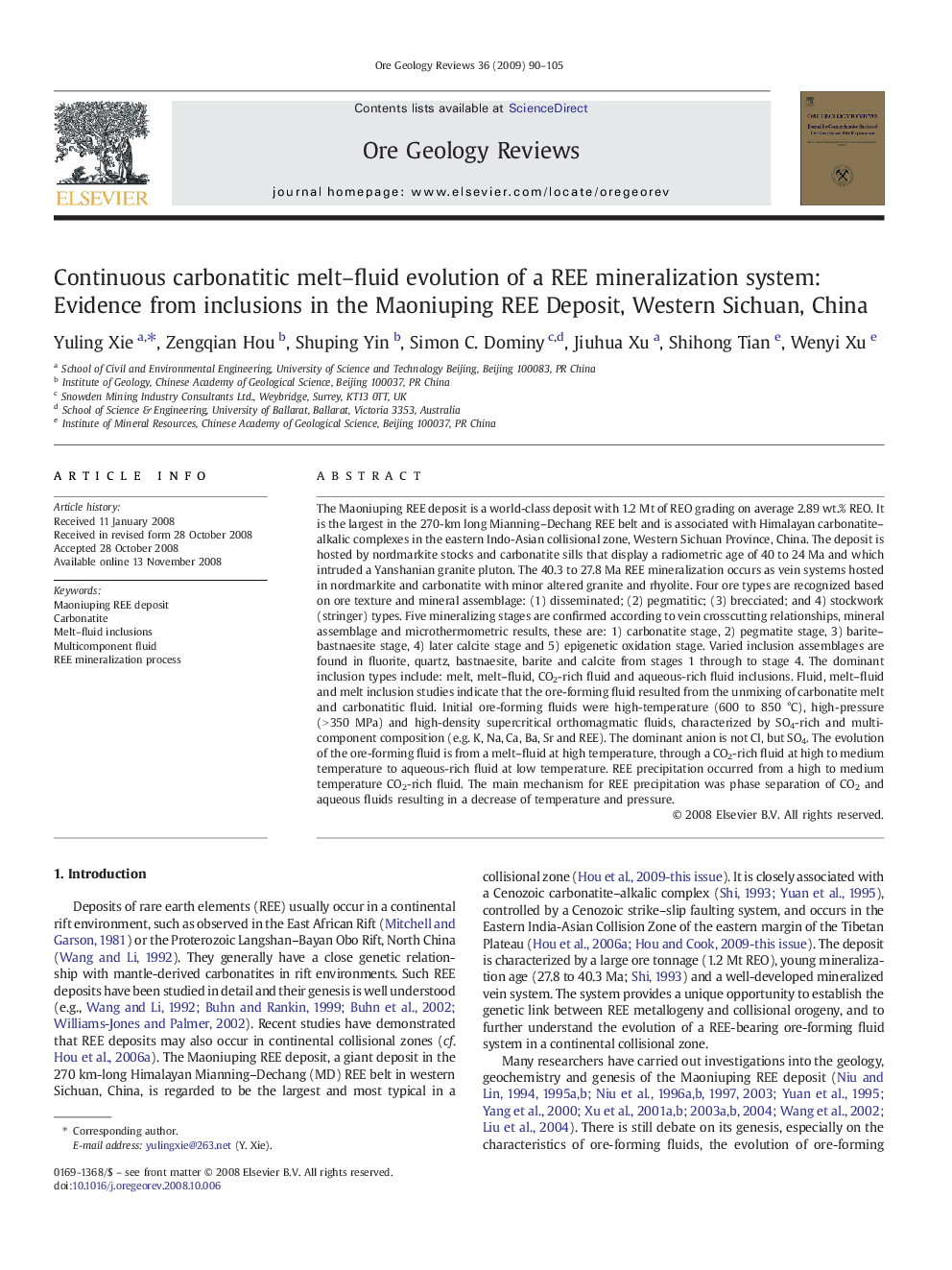 Continuous carbonatitic melt–fluid evolution of a REE mineralization system: Evidence from inclusions in the Maoniuping REE Deposit, Western Sichuan, China