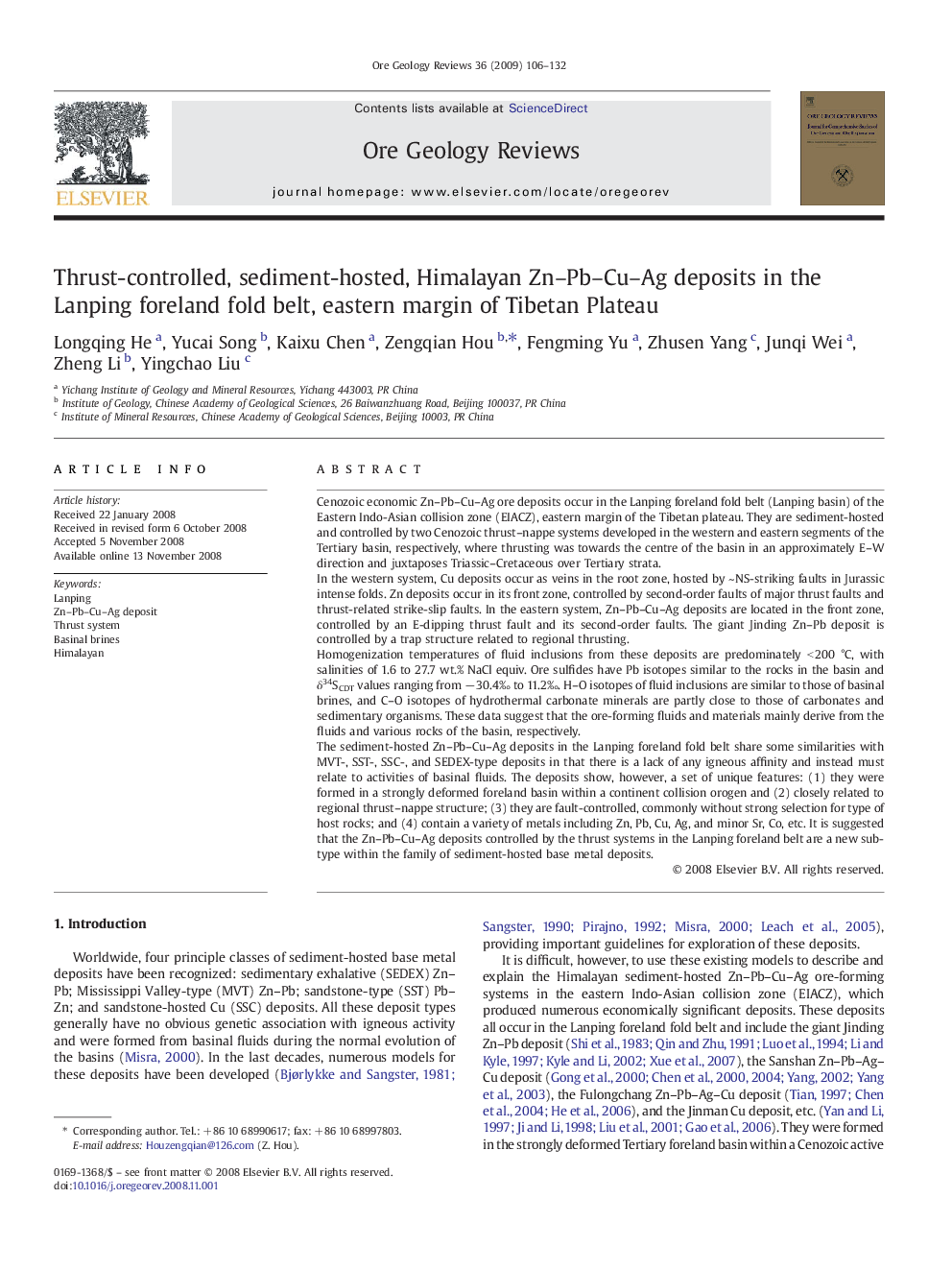 Thrust-controlled, sediment-hosted, Himalayan Zn–Pb–Cu–Ag deposits in the Lanping foreland fold belt, eastern margin of Tibetan Plateau