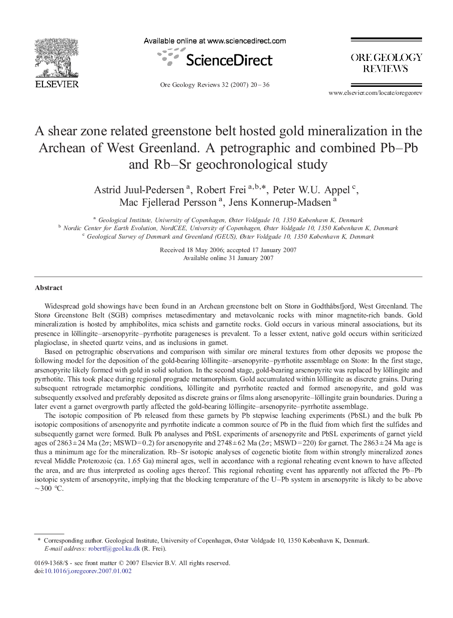 A shear zone related greenstone belt hosted gold mineralization in the Archean of West Greenland. A petrographic and combined Pb-Pb and Rb-Sr geochronological study