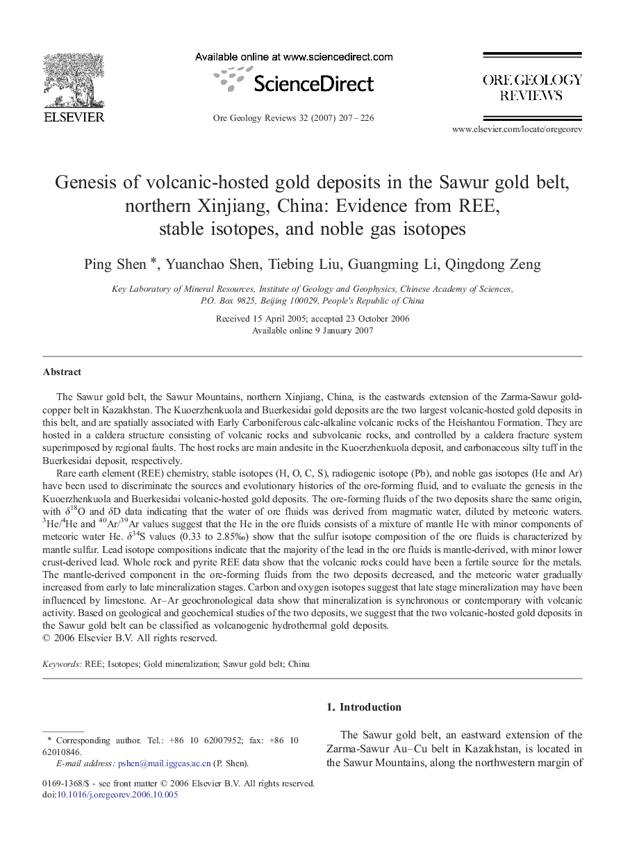 Genesis of volcanic-hosted gold deposits in the Sawur gold belt, northern Xinjiang, China: Evidence from REE, stable isotopes, and noble gas isotopes