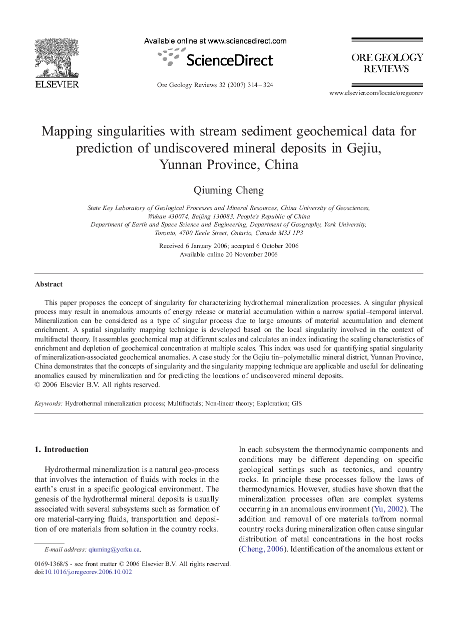 Mapping singularities with stream sediment geochemical data for prediction of undiscovered mineral deposits in Gejiu, Yunnan Province, China