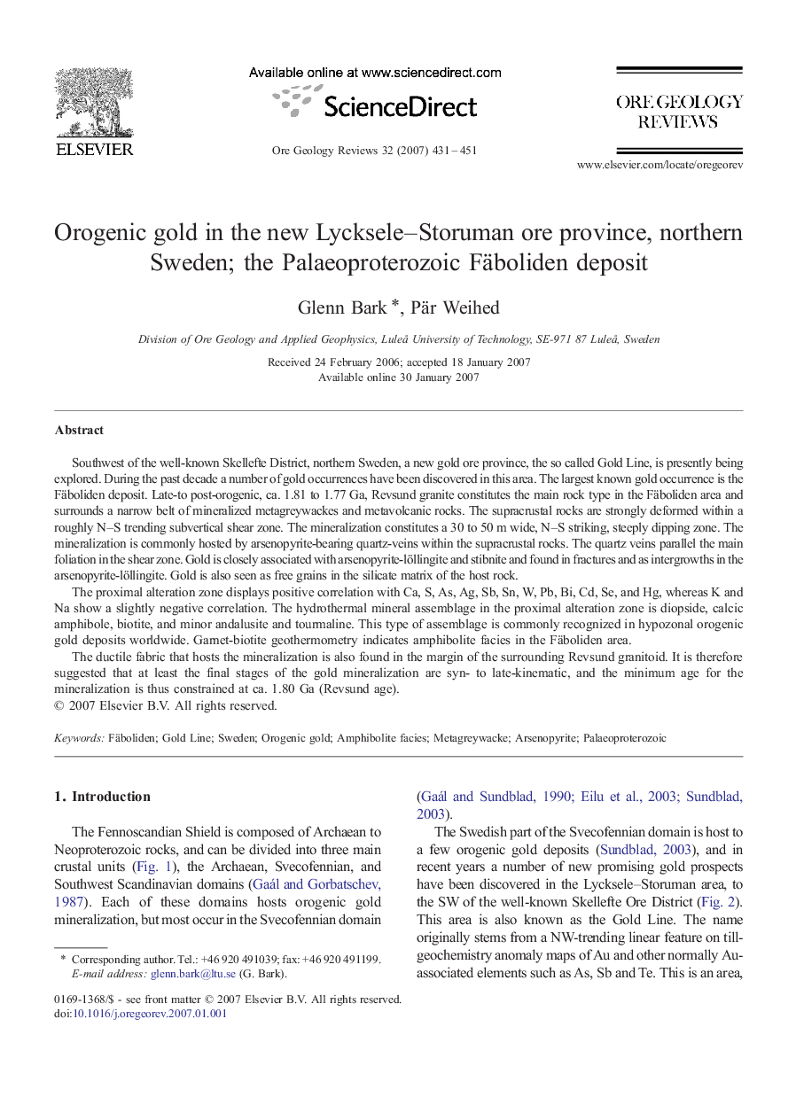 Orogenic gold in the new Lycksele–Storuman ore province, northern Sweden; the Palaeoproterozoic Fäboliden deposit