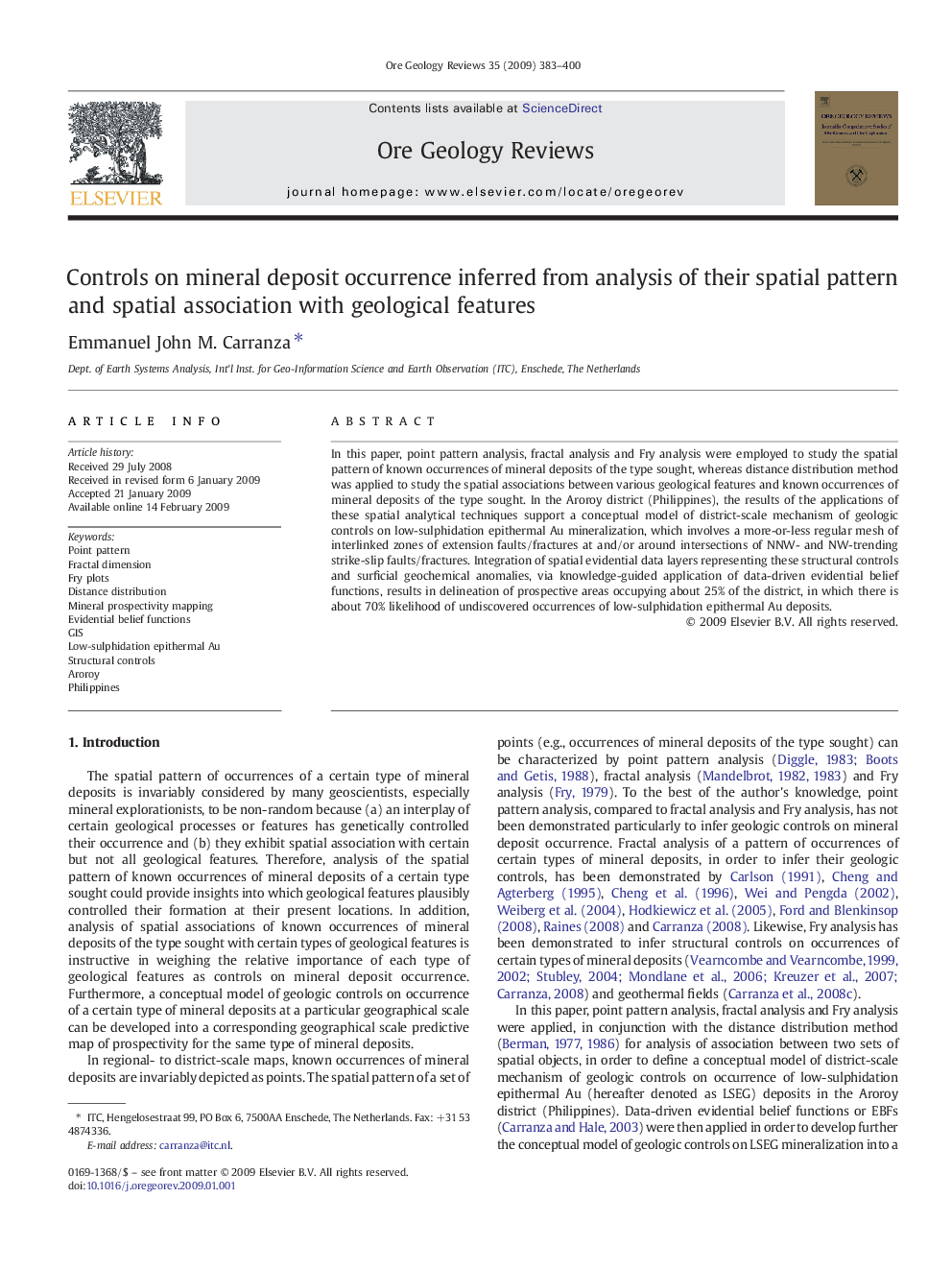 Controls on mineral deposit occurrence inferred from analysis of their spatial pattern and spatial association with geological features