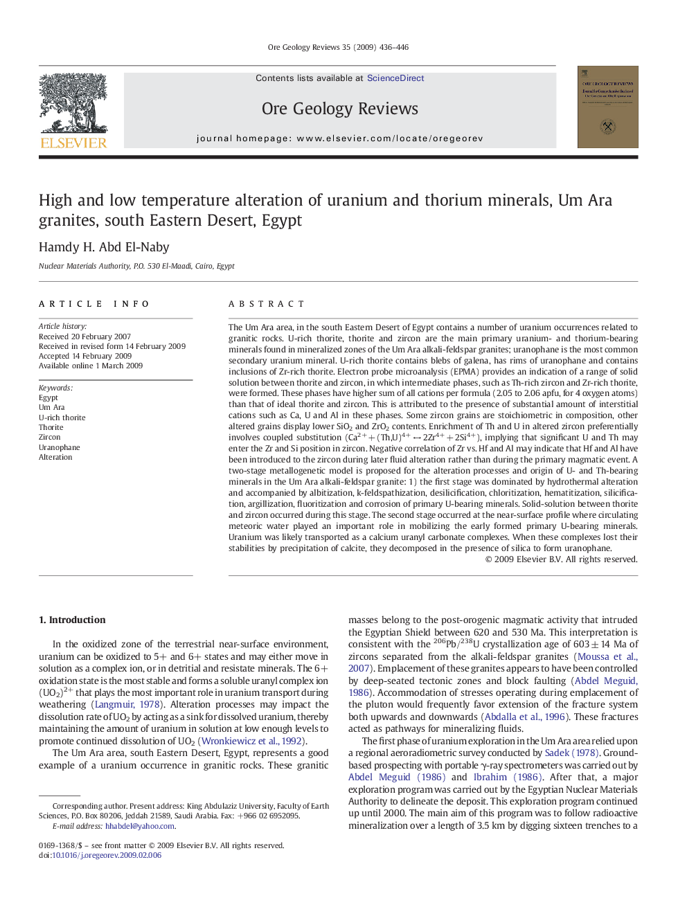 High and low temperature alteration of uranium and thorium minerals, Um Ara granites, south Eastern Desert, Egypt