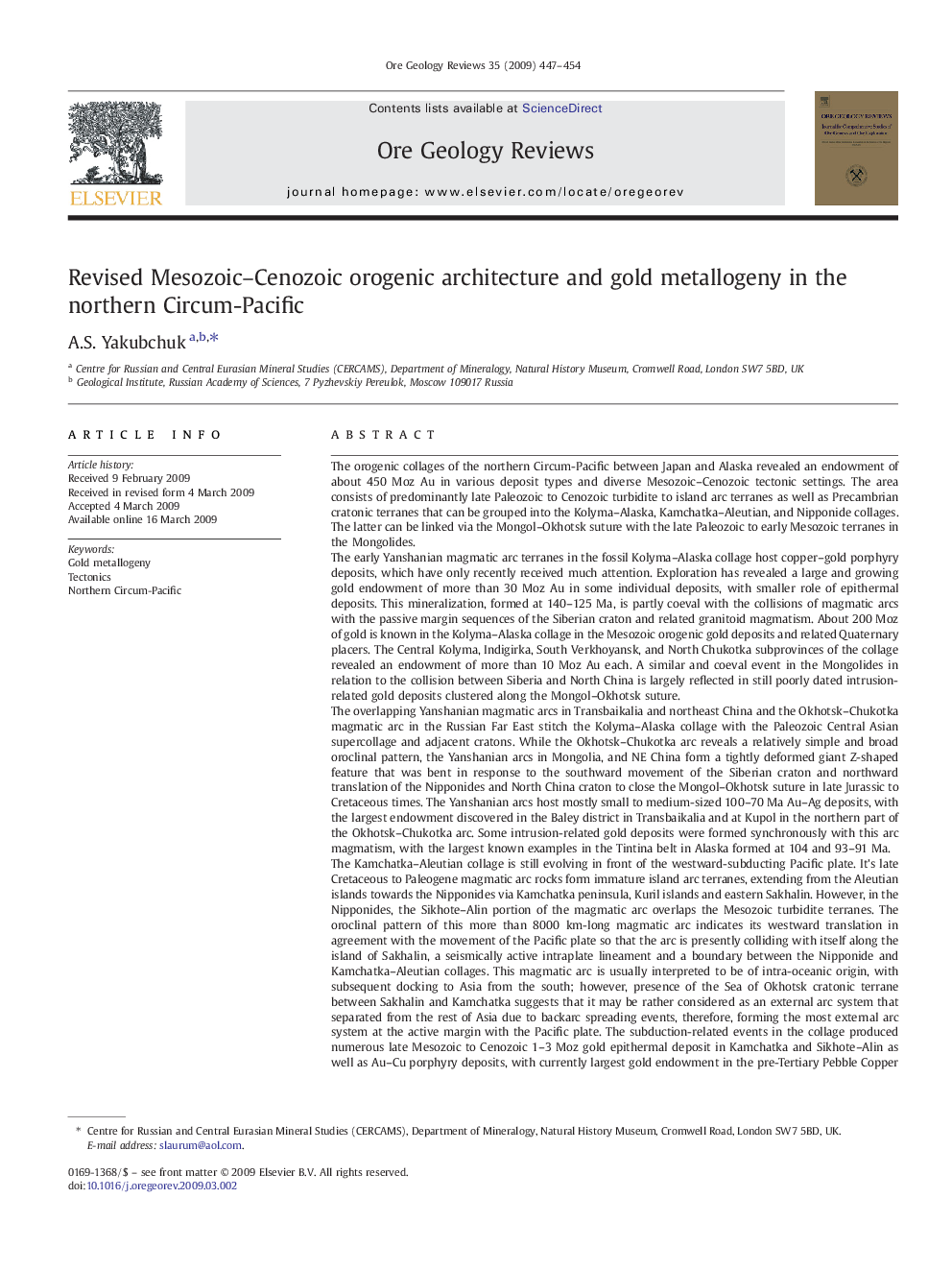 Revised Mesozoic–Cenozoic orogenic architecture and gold metallogeny in the northern Circum-Pacific