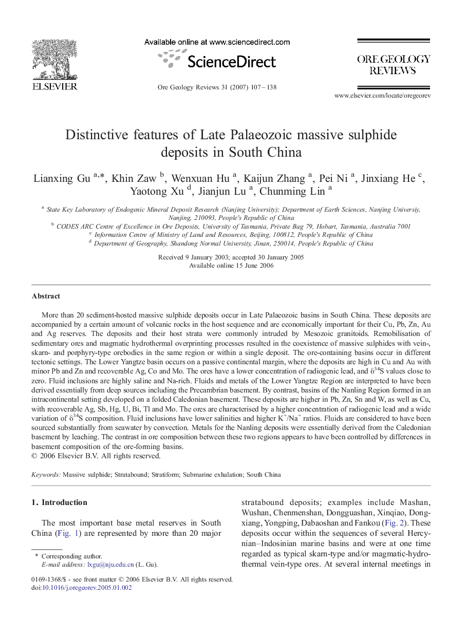 Distinctive features of Late Palaeozoic massive sulphide deposits in South China