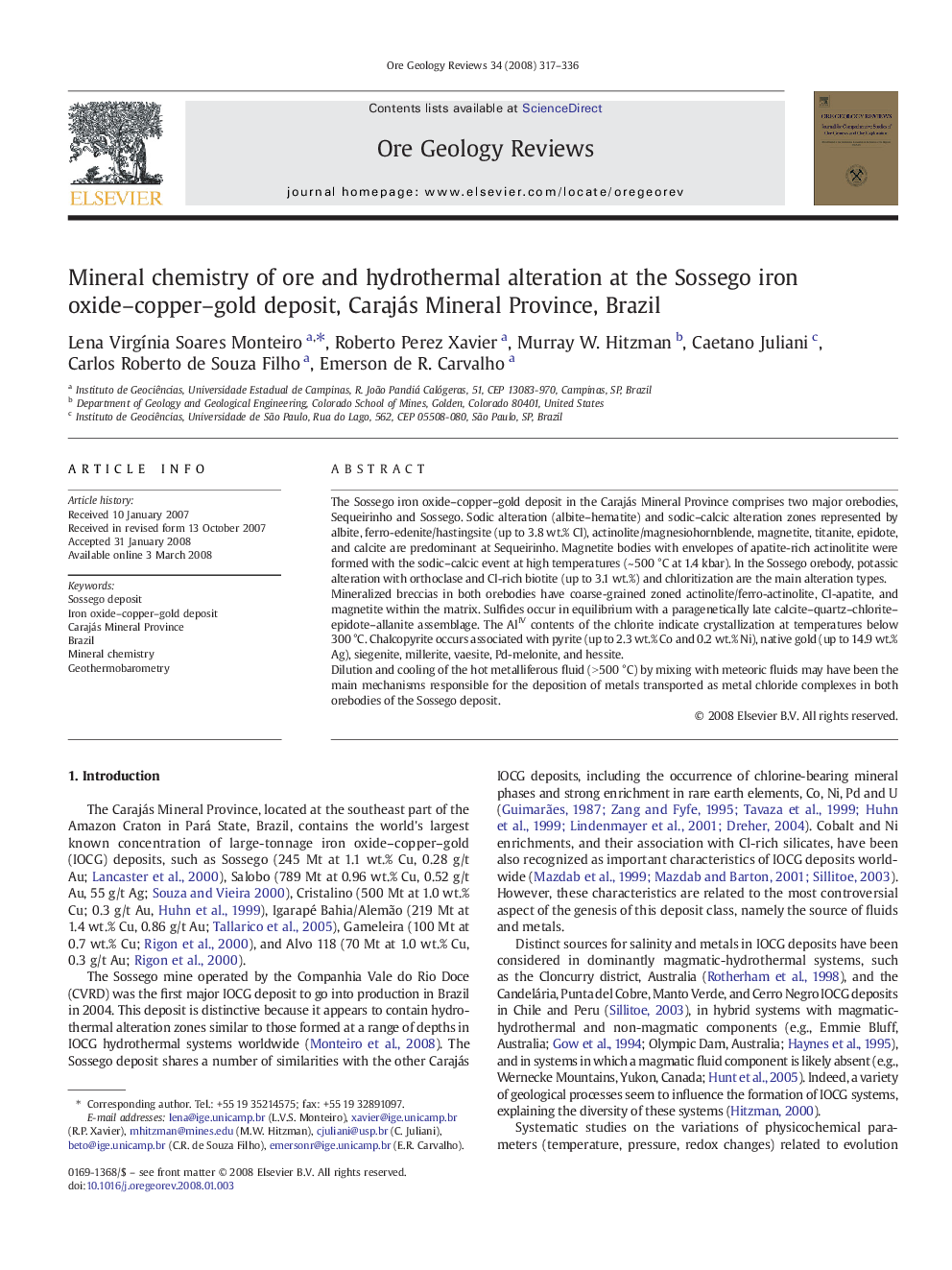 Mineral chemistry of ore and hydrothermal alteration at the Sossego iron oxide–copper–gold deposit, Carajás Mineral Province, Brazil