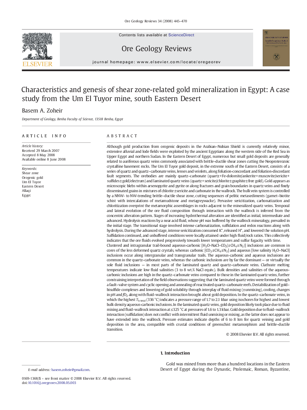 Characteristics and genesis of shear zone-related gold mineralization in Egypt: A case study from the Um El Tuyor mine, south Eastern Desert