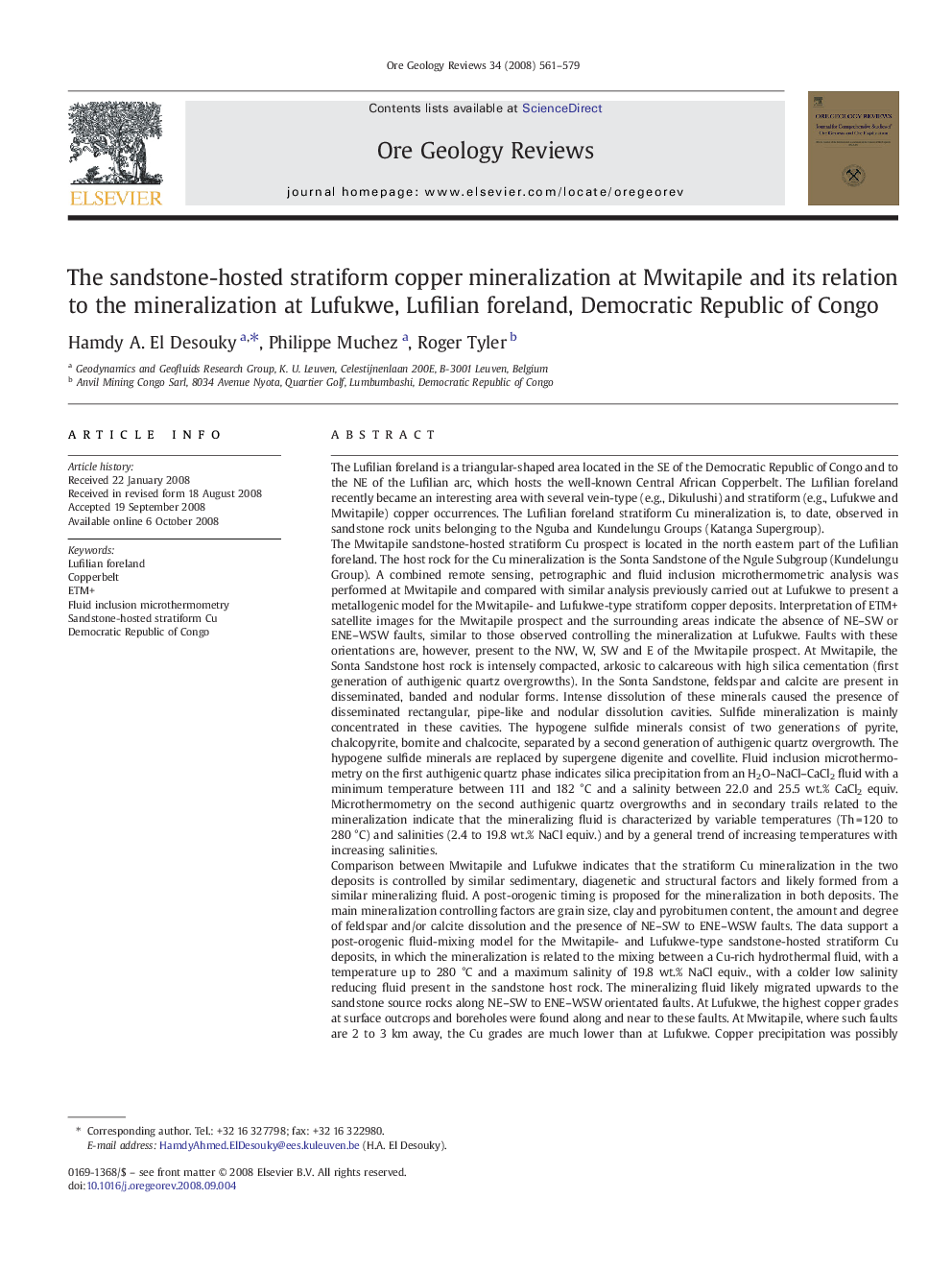 The sandstone-hosted stratiform copper mineralization at Mwitapile and its relation to the mineralization at Lufukwe, Lufilian foreland, Democratic Republic of Congo