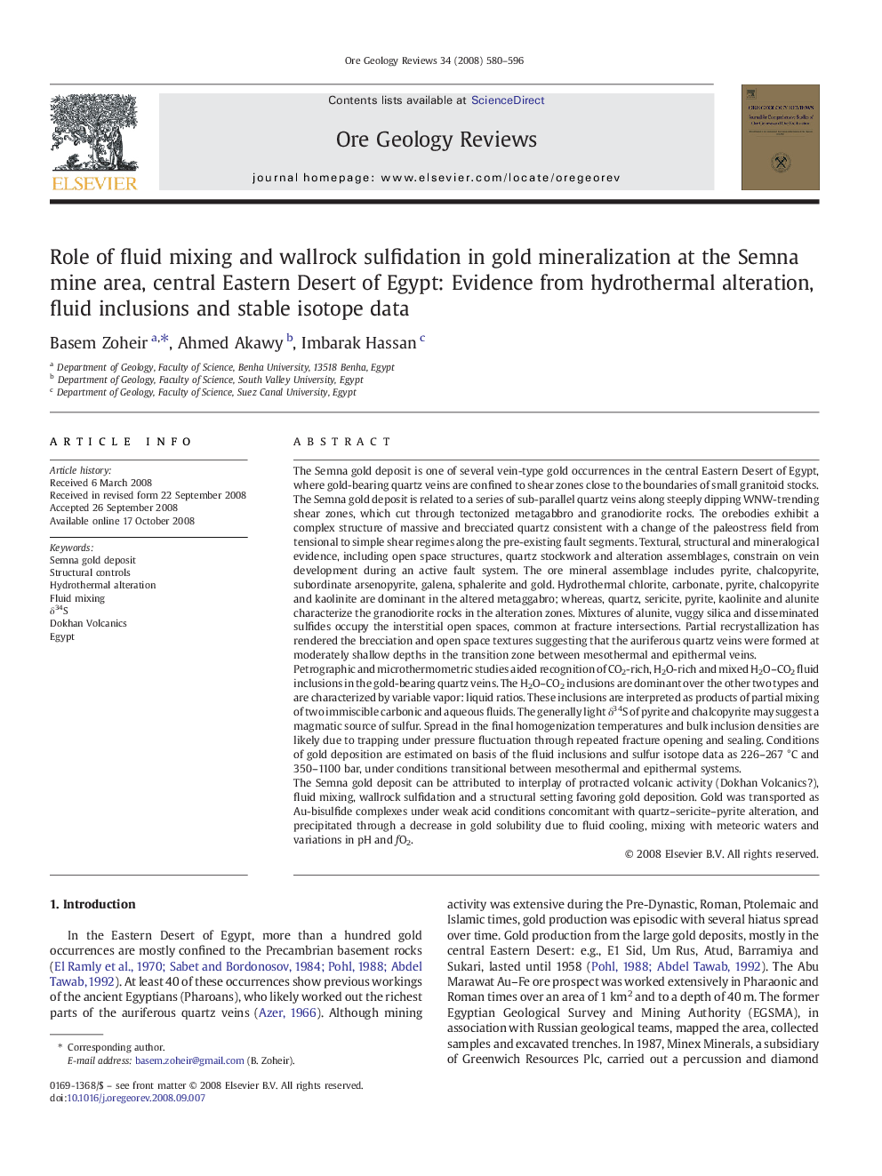 Role of fluid mixing and wallrock sulfidation in gold mineralization at the Semna mine area, central Eastern Desert of Egypt: Evidence from hydrothermal alteration, fluid inclusions and stable isotope data