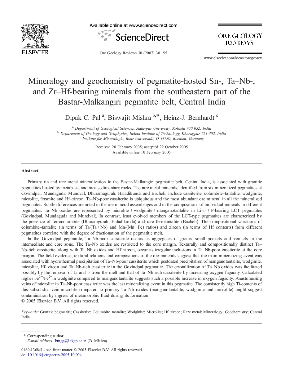 Mineralogy and geochemistry of pegmatite-hosted Sn-, Ta–Nb-, and Zr–Hf-bearing minerals from the southeastern part of the Bastar-Malkangiri pegmatite belt, Central India