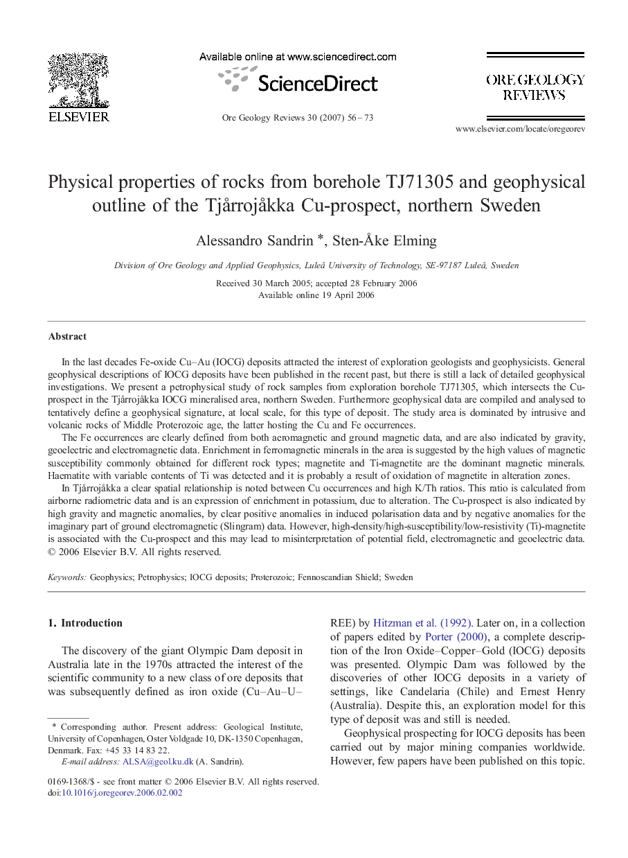 Physical properties of rocks from borehole TJ71305 and geophysical outline of the Tjårrojåkka Cu-prospect, northern Sweden