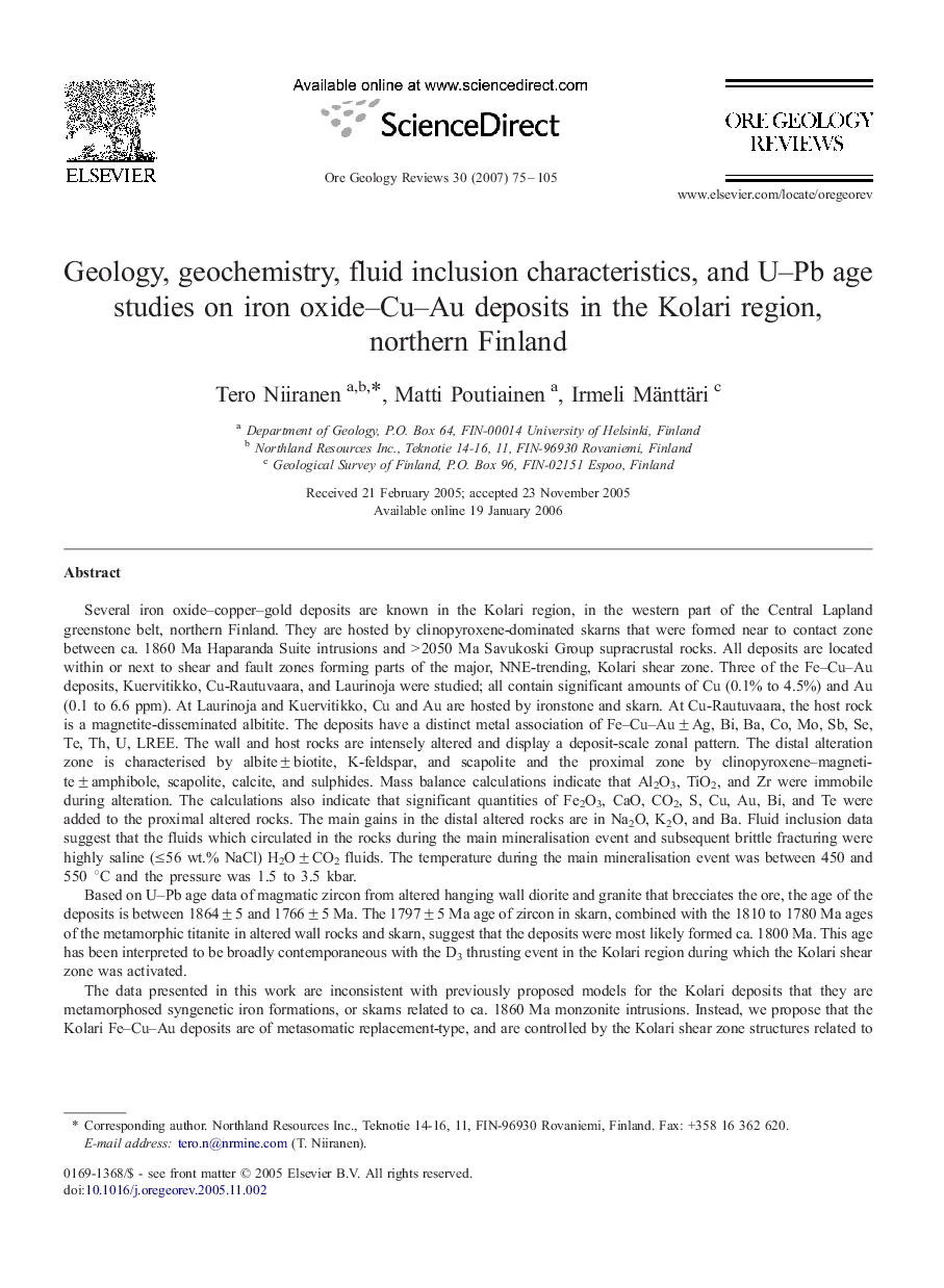 Geology, geochemistry, fluid inclusion characteristics, and U–Pb age studies on iron oxide–Cu–Au deposits in the Kolari region, northern Finland