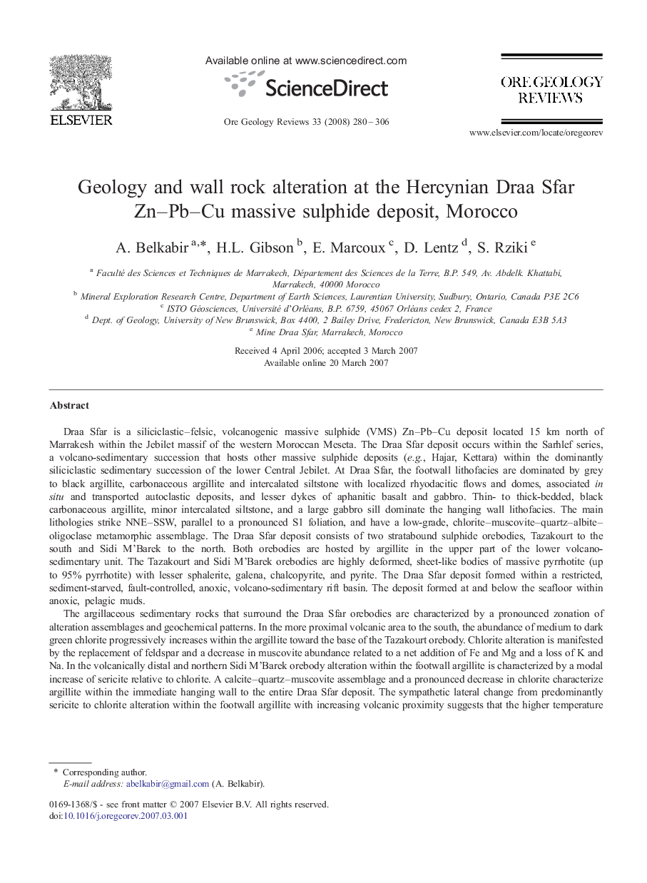 Geology and wall rock alteration at the Hercynian Draa Sfar Zn–Pb–Cu massive sulphide deposit, Morocco