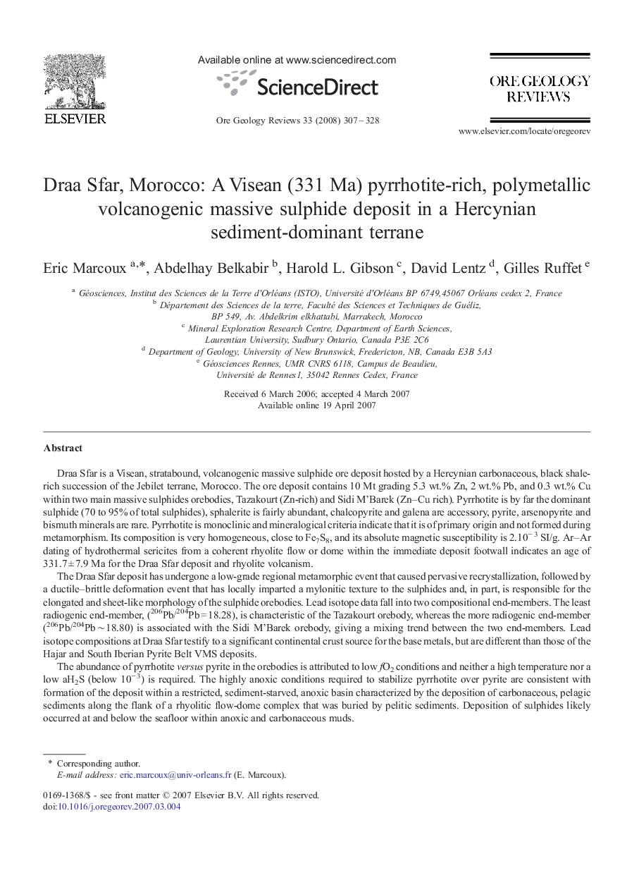 Draa Sfar, Morocco: A Visean (331 Ma) pyrrhotite-rich, polymetallic volcanogenic massive sulphide deposit in a Hercynian sediment-dominant terrane