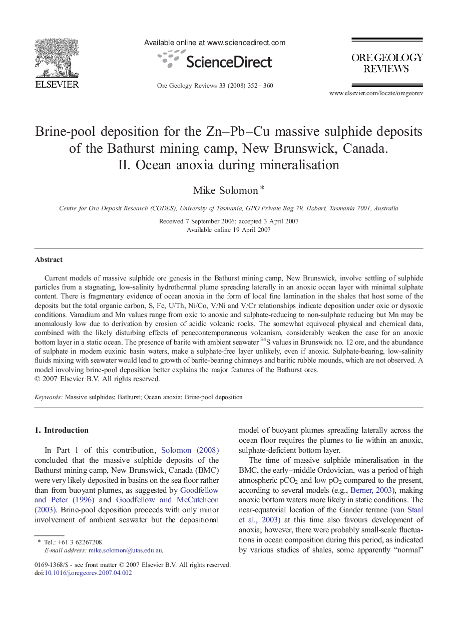 Brine-pool deposition for the Zn–Pb–Cu massive sulphide deposits of the Bathurst mining camp, New Brunswick, Canada. II. Ocean anoxia during mineralisation
