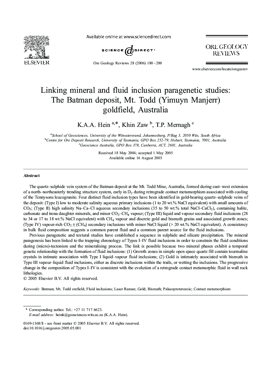 Linking mineral and fluid inclusion paragenetic studies: The Batman deposit, Mt. Todd (Yimuyn Manjerr) goldfield, Australia