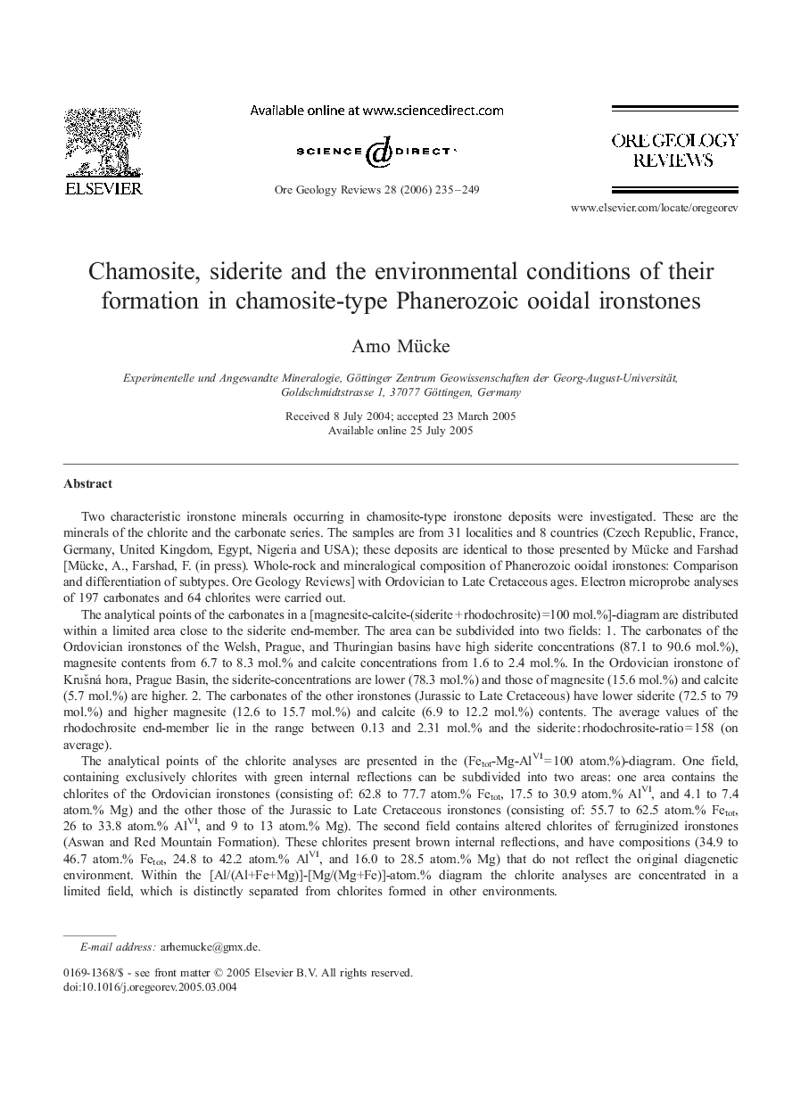 Chamosite, siderite and the environmental conditions of their formation in chamosite-type Phanerozoic ooidal ironstones