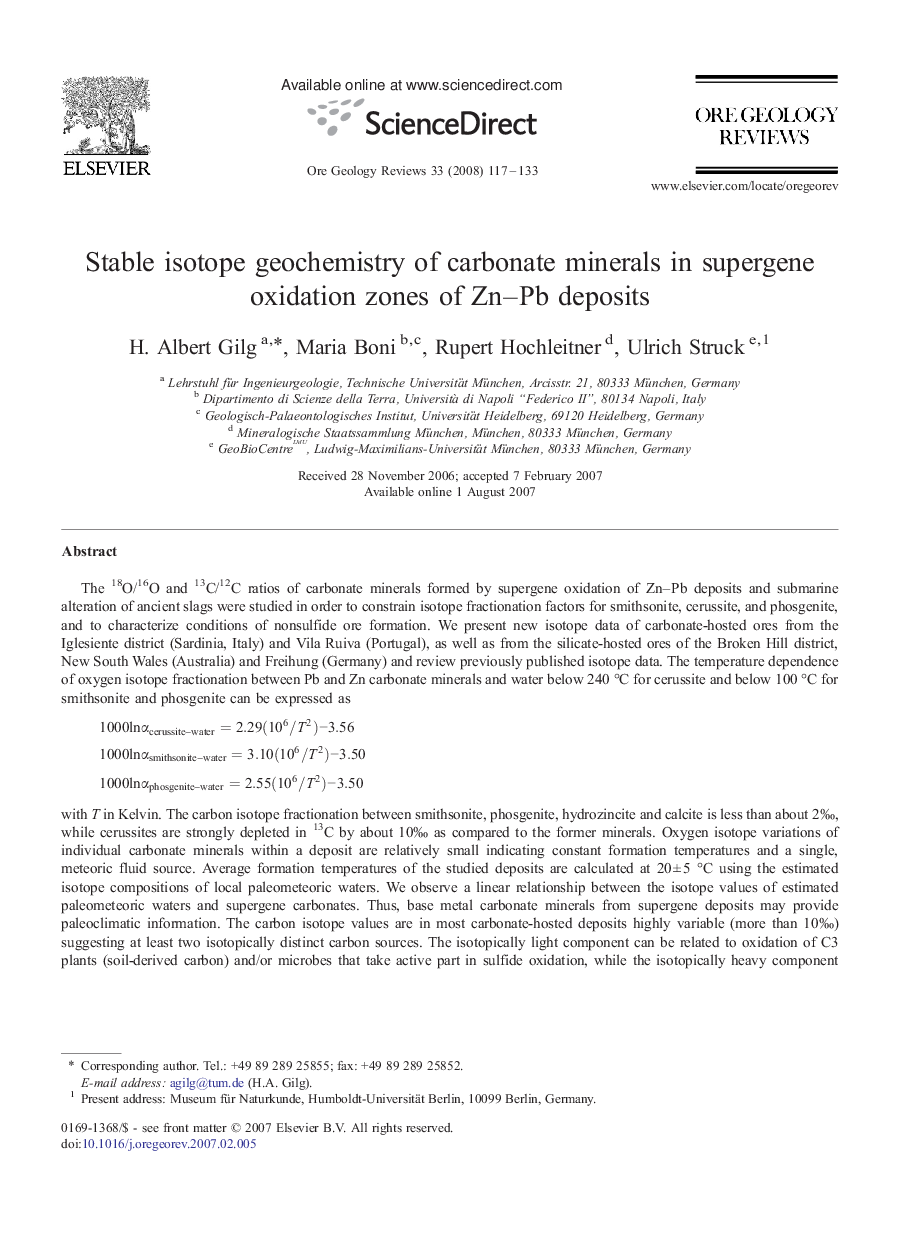 Stable isotope geochemistry of carbonate minerals in supergene oxidation zones of Zn–Pb deposits