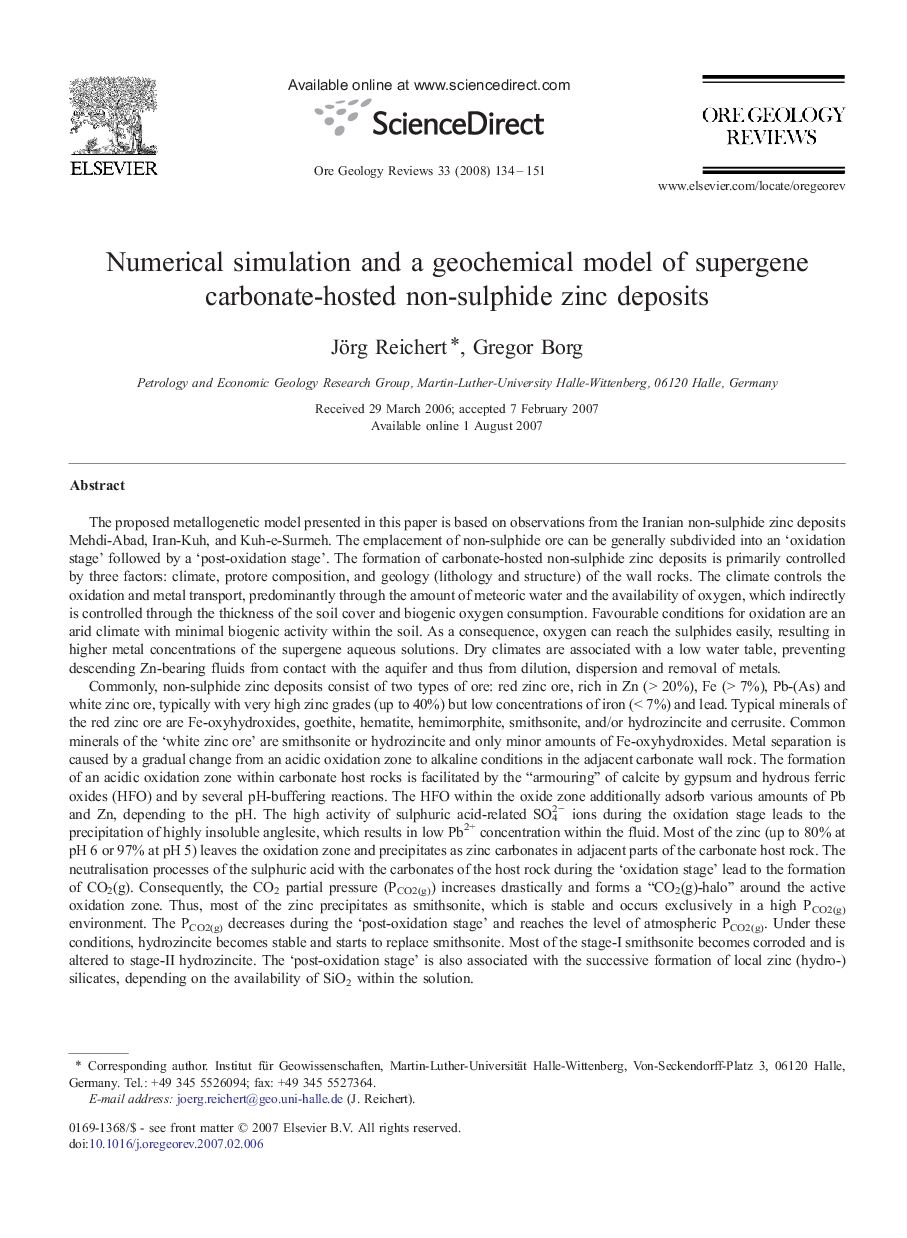 Numerical simulation and a geochemical model of supergene carbonate-hosted non-sulphide zinc deposits