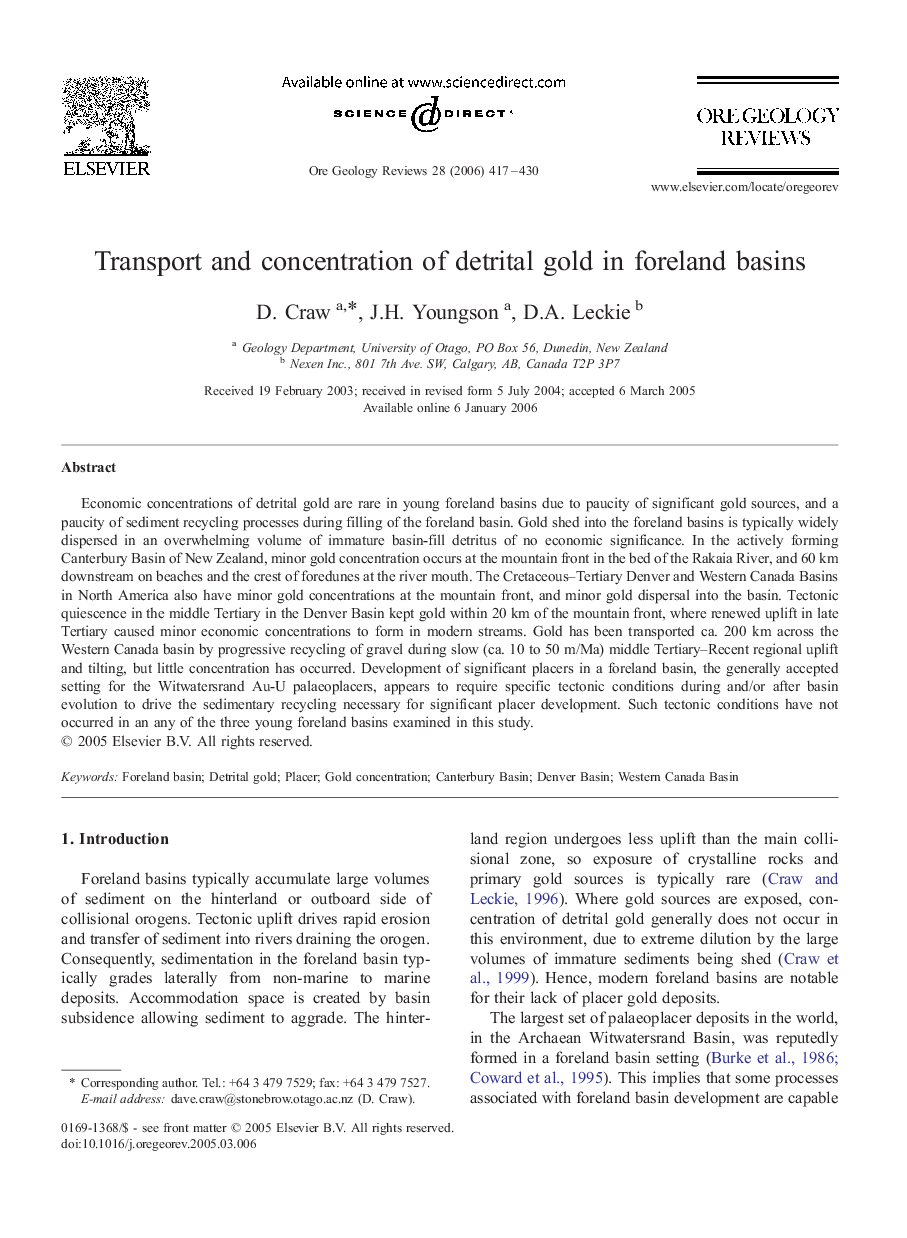 Transport and concentration of detrital gold in foreland basins