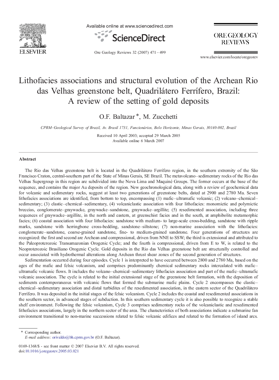 Lithofacies associations and structural evolution of the Archean Rio das Velhas greenstone belt, Quadrilátero Ferrífero, Brazil: A review of the setting of gold deposits