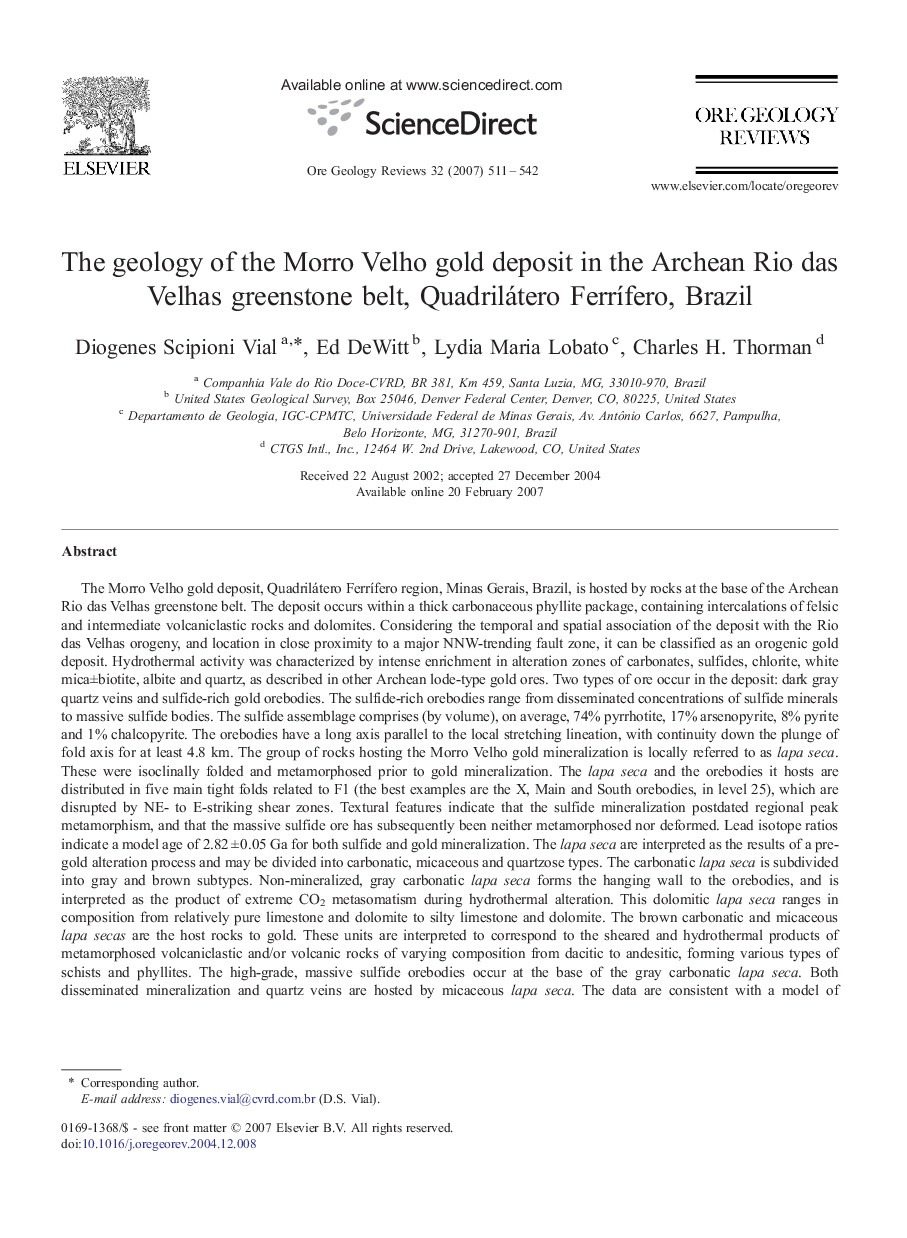 The geology of the Morro Velho gold deposit in the Archean Rio das Velhas greenstone belt, Quadrilátero Ferrífero, Brazil